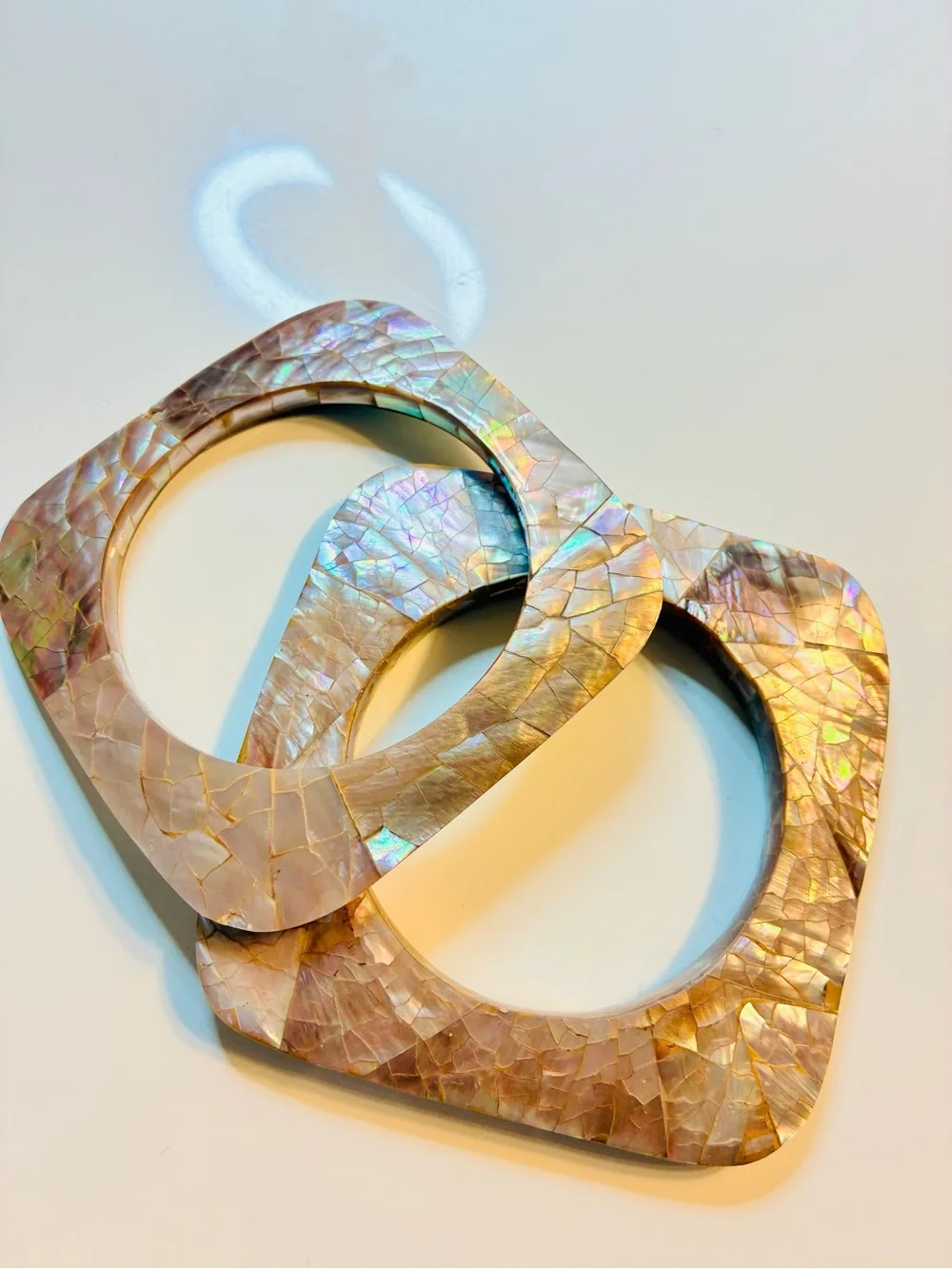 VTG NORDSTROM 80s ABALONE GEOMETRIC STACKABLE BOLD LUX BANGEL CHAMPAGNE LARGER